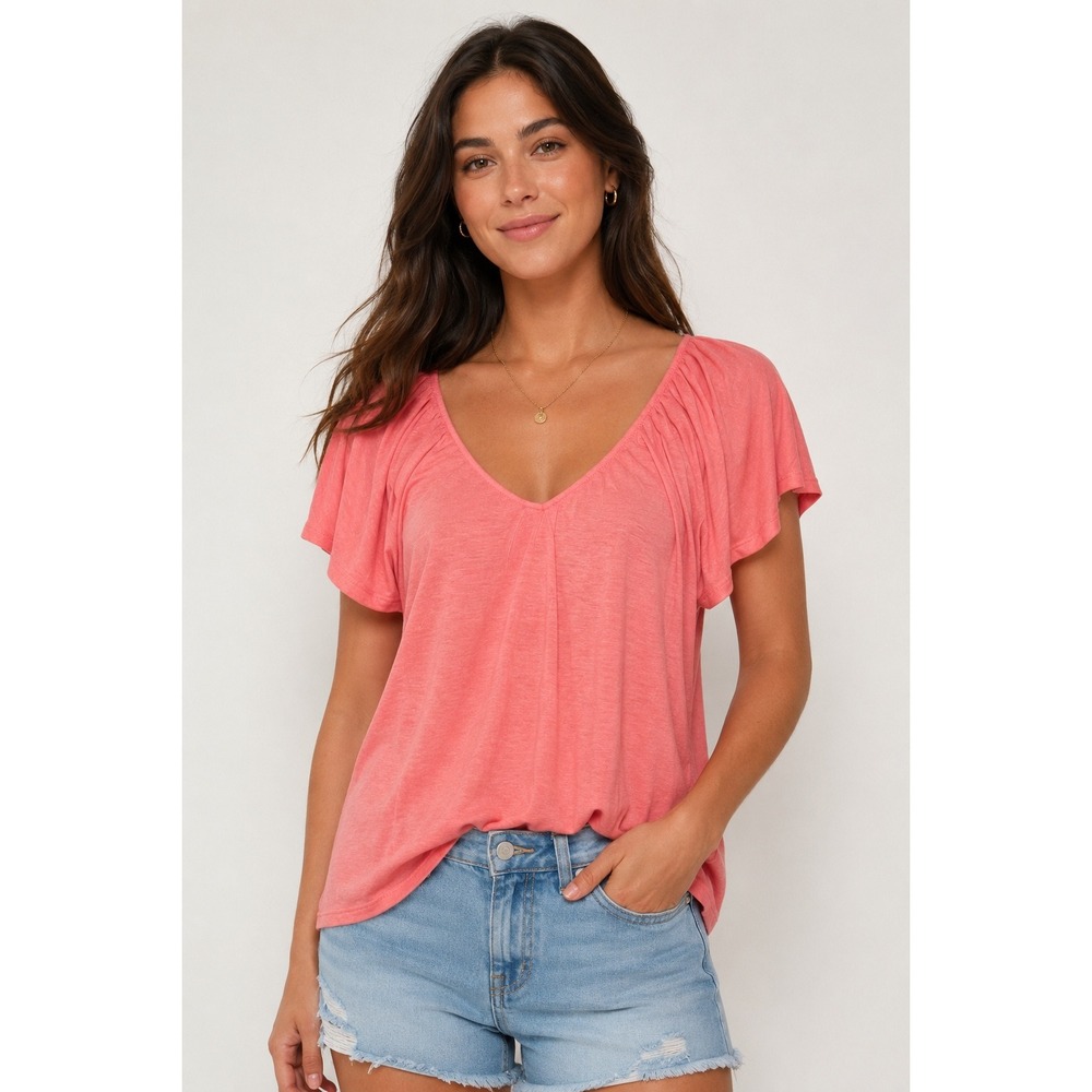 American Eagle Outfitters Coral Pink Flutter‎ Sleeve V-Neck Top 1128-845 XS NEW